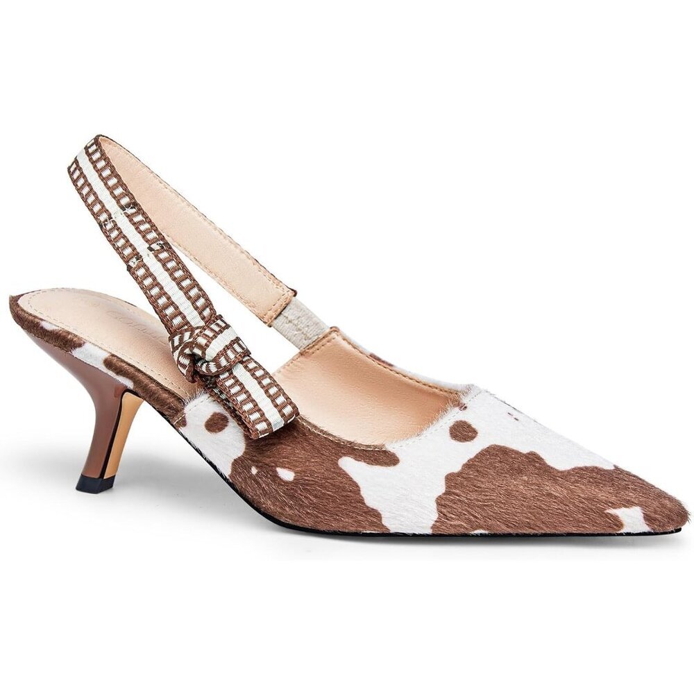 ⚡Women's Light Brown Slingback Kitten Heels Pointed Toe Bowknot Knitted Slip On